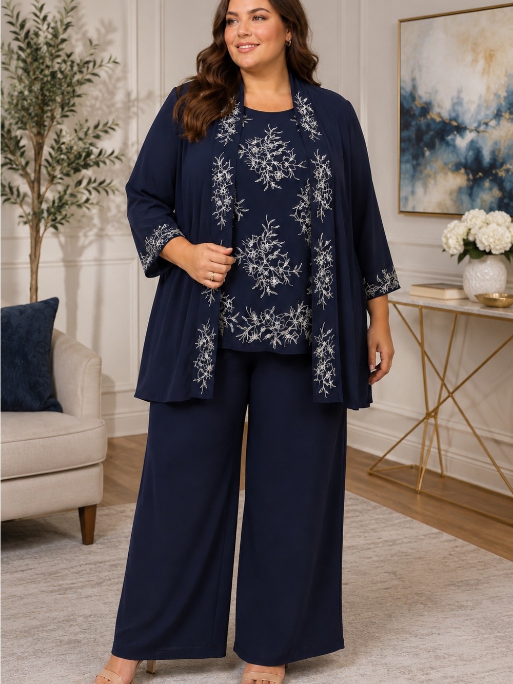 Navy Embroidered Three-Piece Pantsuit - Plus Size